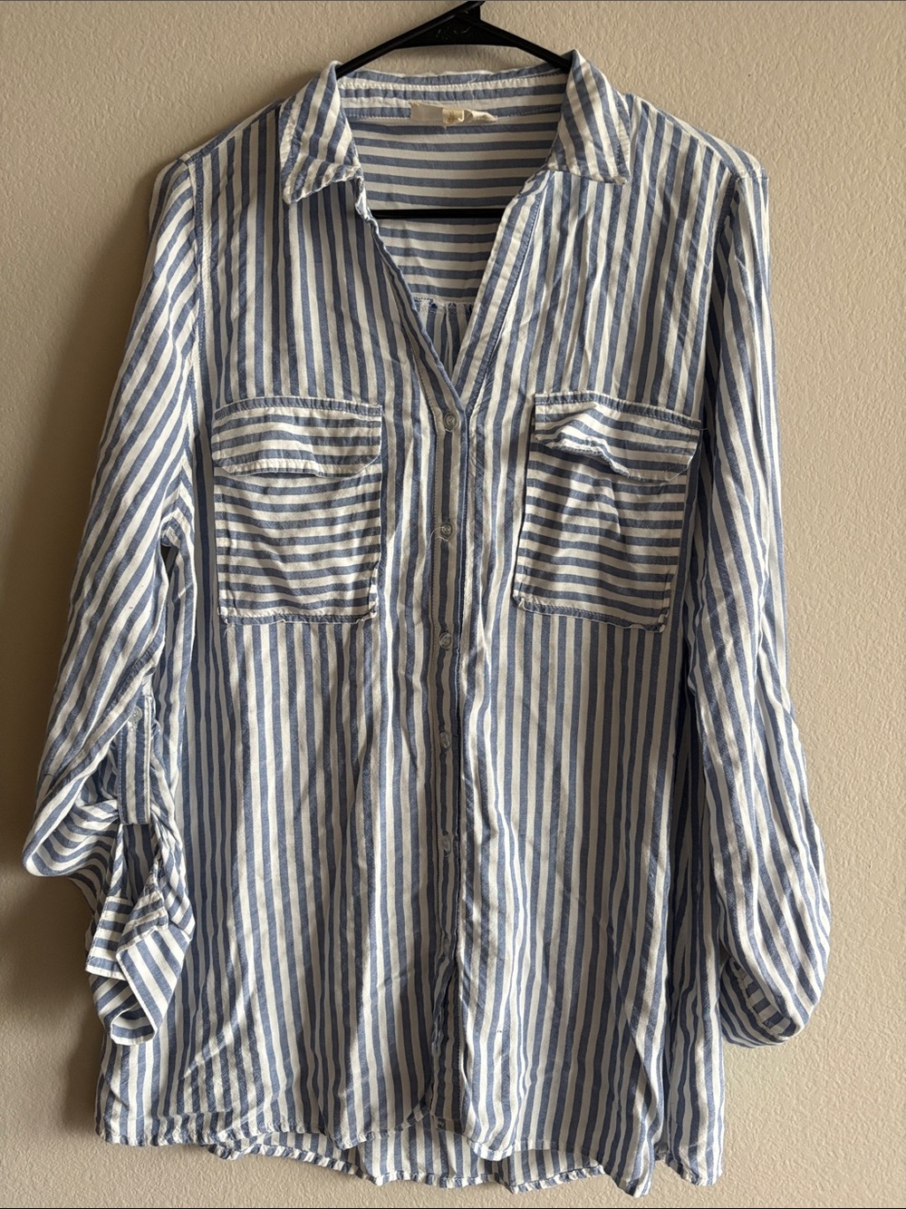 Sweet Wanderer Maternity Striped Button Down Top White/Light Blue Roll Tab Sz XL